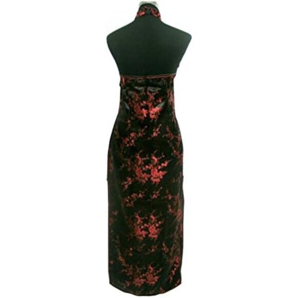 Women's Satin Chinese Dress Halter Backless Floral Long Prom Party Gown - Picture 3 of 4